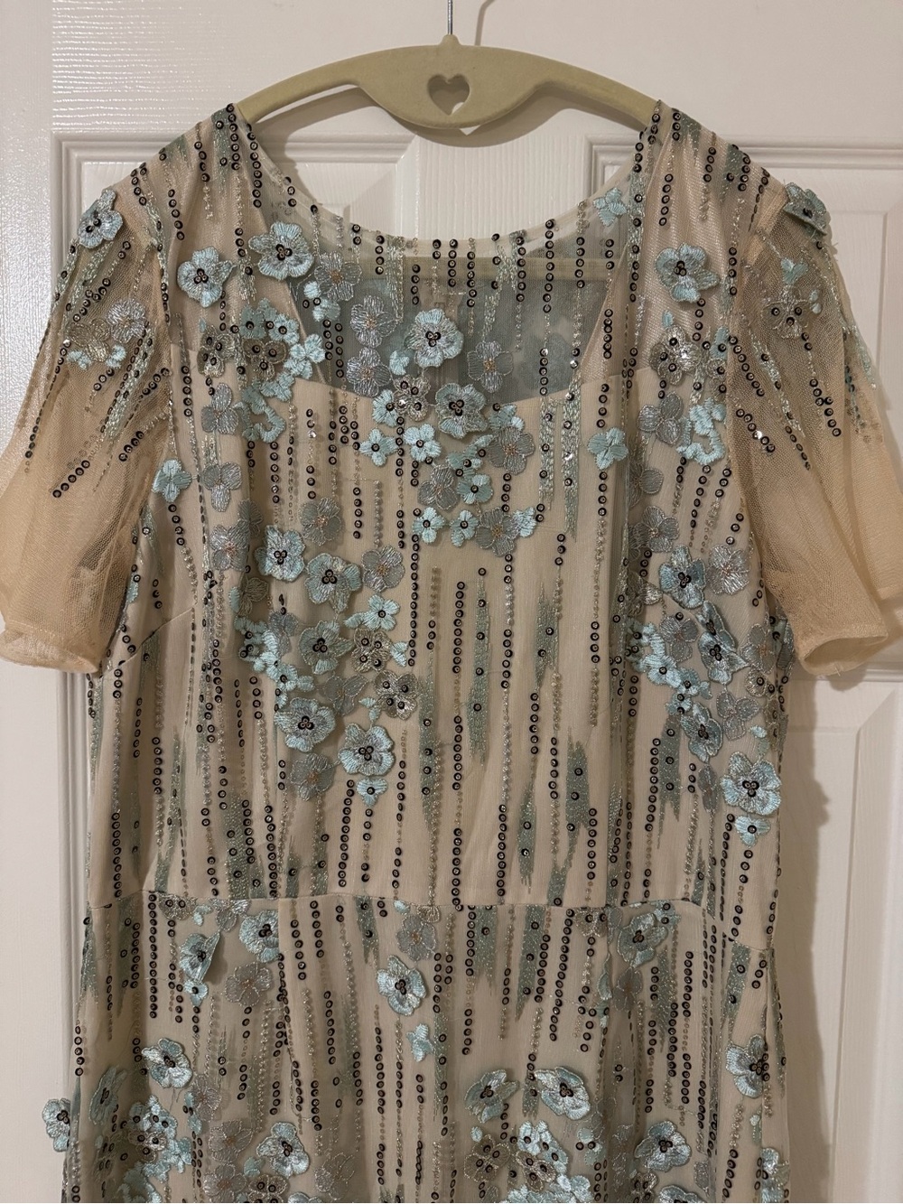 Alex Evenings Beige Maxi Dress with Light Blue Floral Appliqué